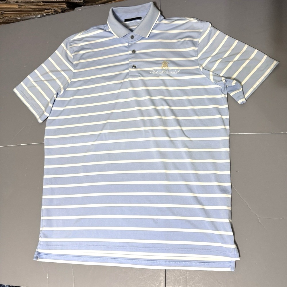 Greyson Golf Polo Shirt L Old Memorial Club Blue White Stripes Stretch